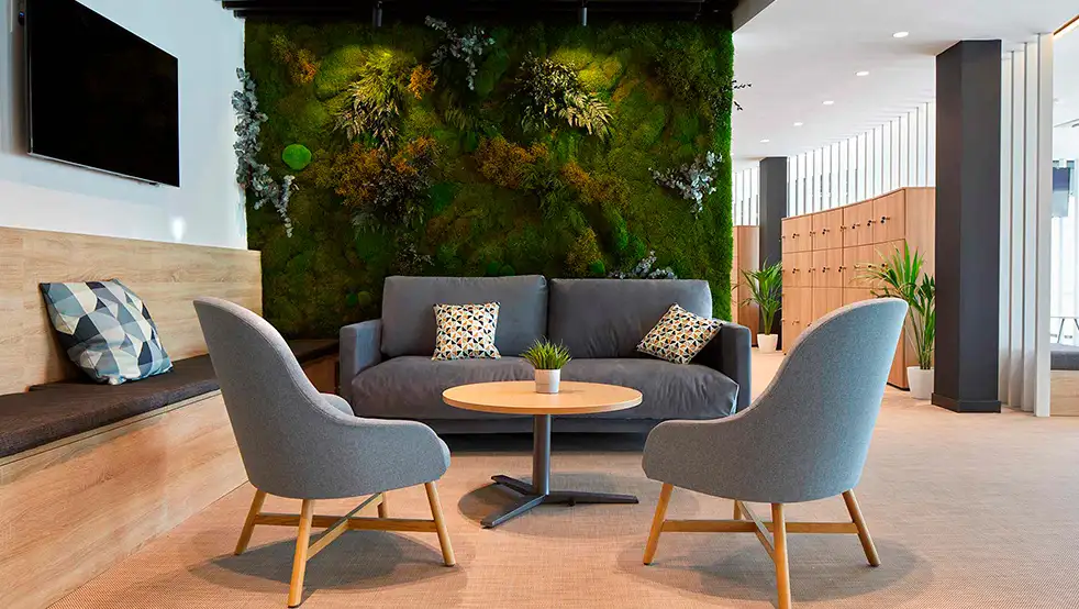 Zona de espera en una recepción de oficina con sofás y luz natural.